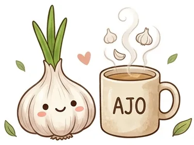 ilustración de ajo con infusión de ajo, remedio natural para el resfriado
