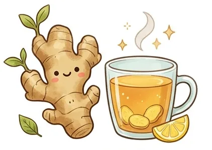 ilustración raíz de jengibre junto a té de jengibre